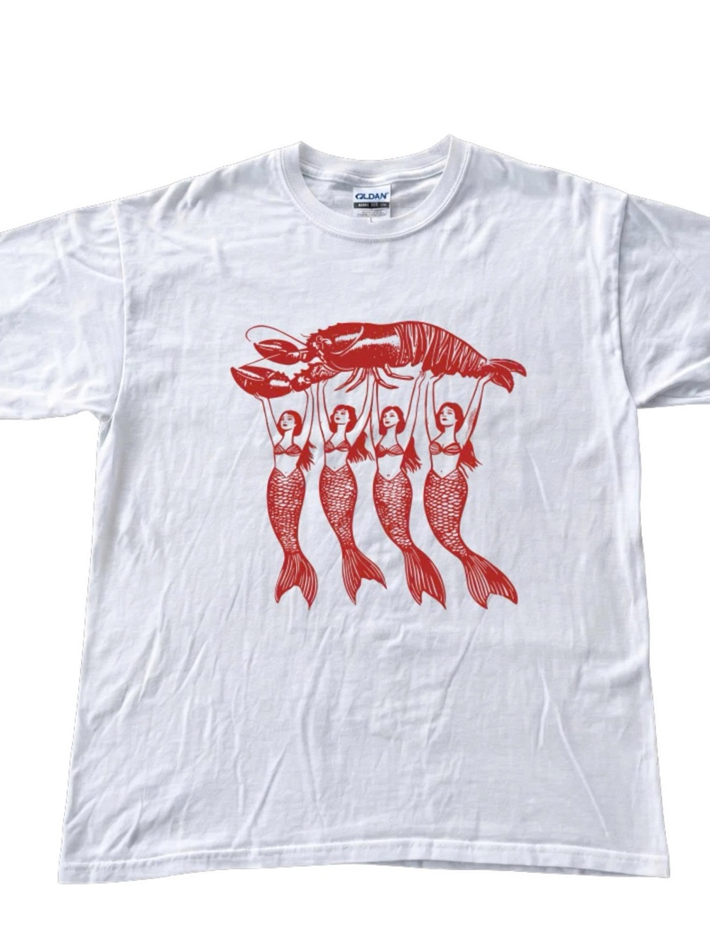 Red Mermaid Holding Lobster Graphic White Whimsical Women Tee